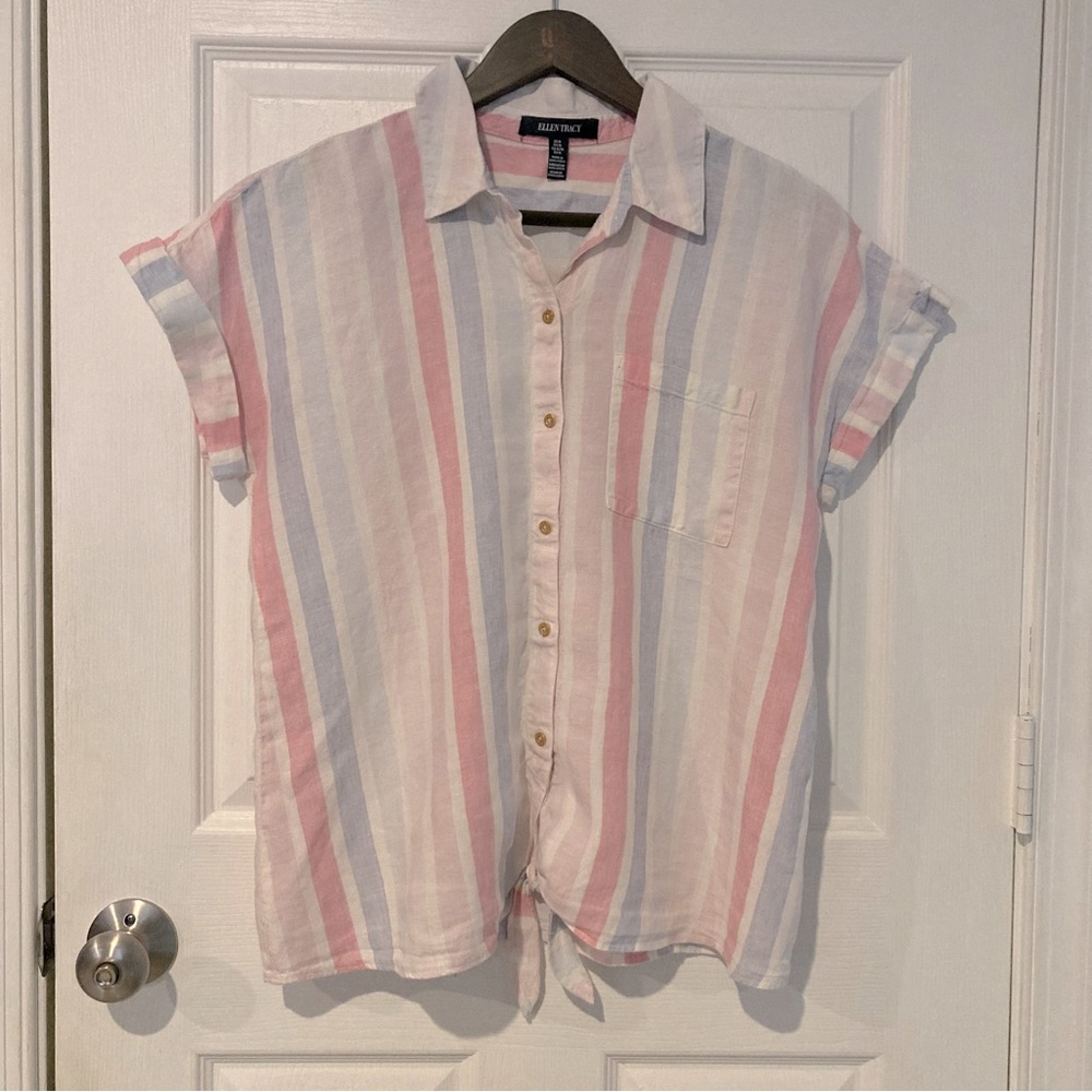 Ellen Tracy Linen Tie-Front Short Sleeve Button-Up Top